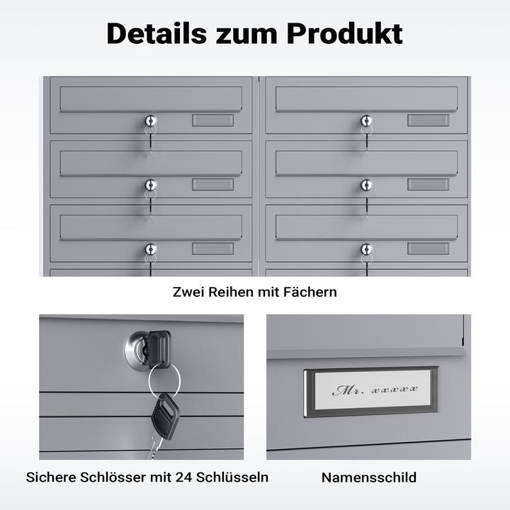 Produktbild Wiltec 12er Briefkastenanlage silberfarben 2x6 Standbriefkasten Briefkasten Post