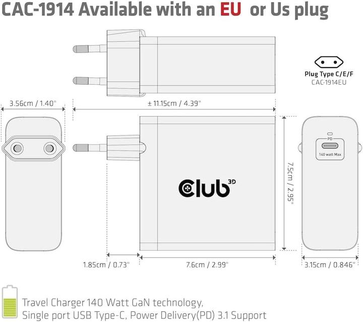 Productafbeelding Club 3D Club3D Lader 1xUSB Type C, PD 140W detailhandel (140 W, 1 portie)