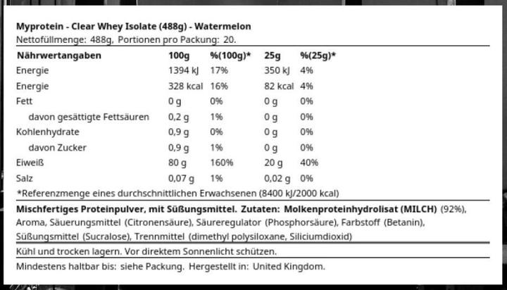 Nährwerte und Zutaten MyProtein Clear Whey Isolate (Wassermelone, 1 Stk., 488 g)