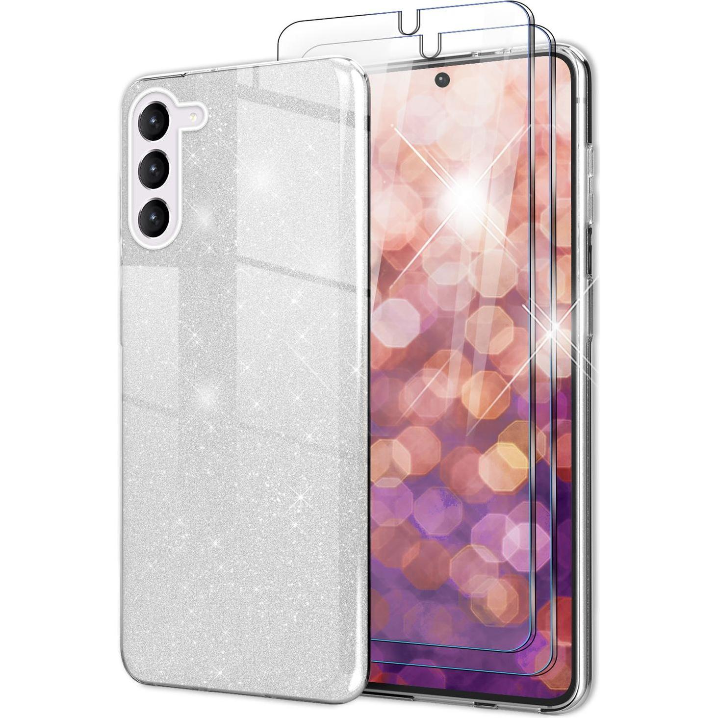 Nalia Glitzer Silikon Hülle mit 2x Displayschutz (Samsung Galaxy S23+), Smartphone Hülle, Silber