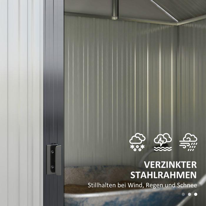 Actual product image Swisshandel24 Gerätehaus Stahl 2,7m² UV-Schutz 2 Schiebetüren Regal Fundament Dunkelgrau 238x132x198,5cm