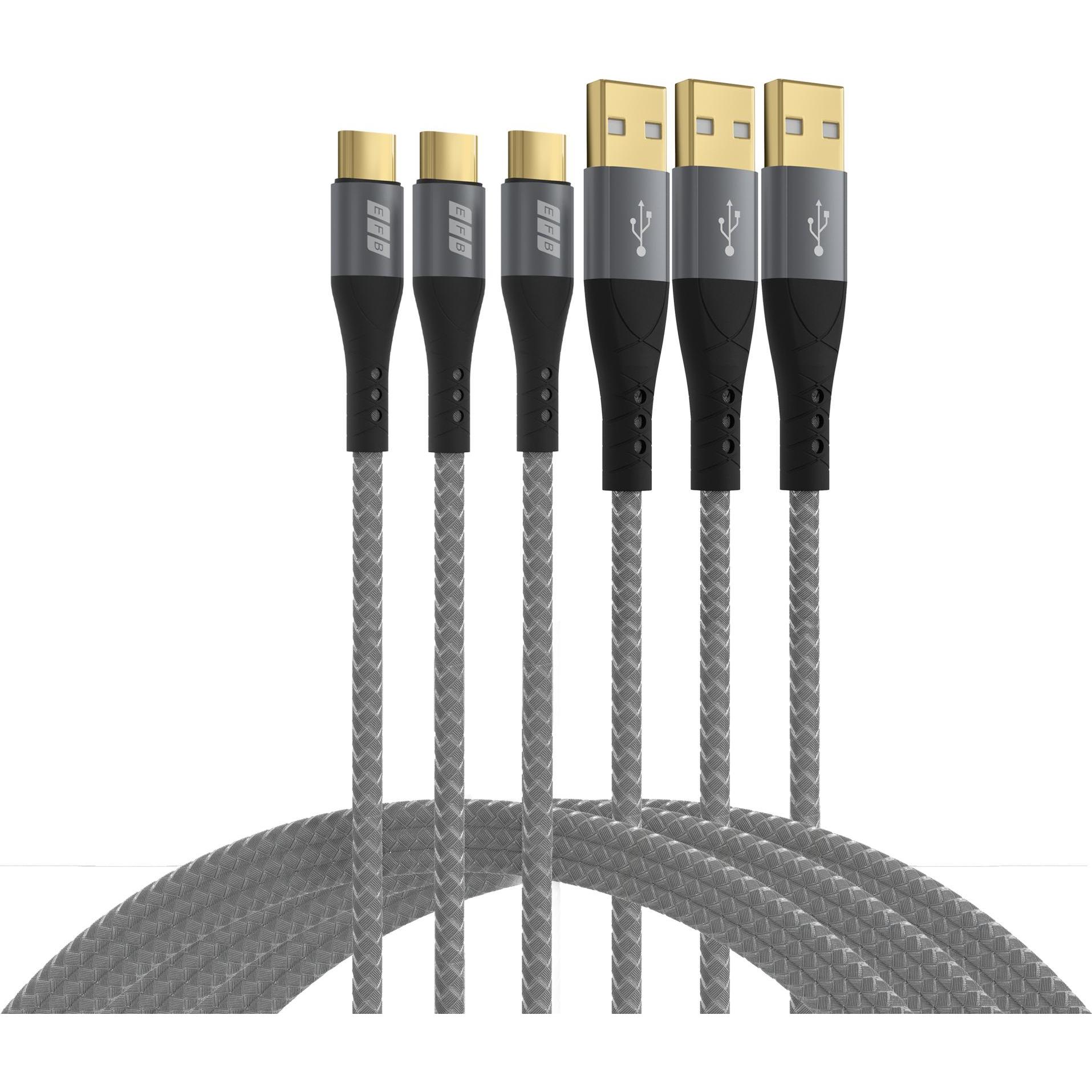 EFB Elektronik EFB USB-A to USB-C cable set 60W QC 3A 3x2m gray gold contacts textile jacket (2 m, USB 2.0, 60 W), Cavo USB