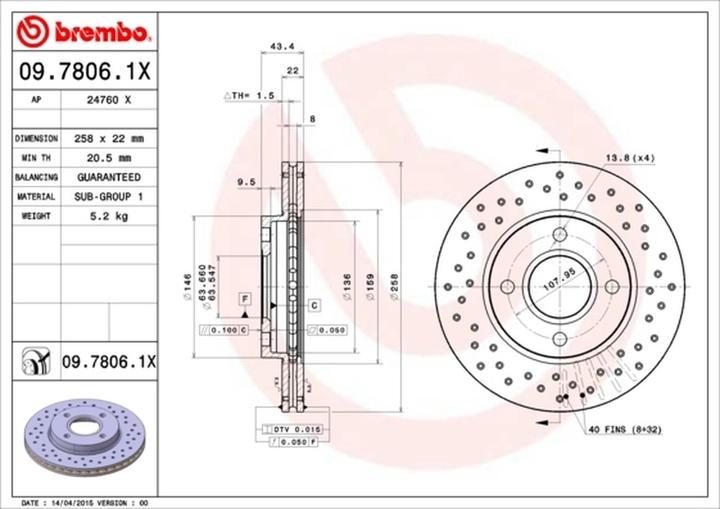 Produktbild Brembo Bremsscheibe XTRA LINE - gelocht/beschichtet 09.7806.1X