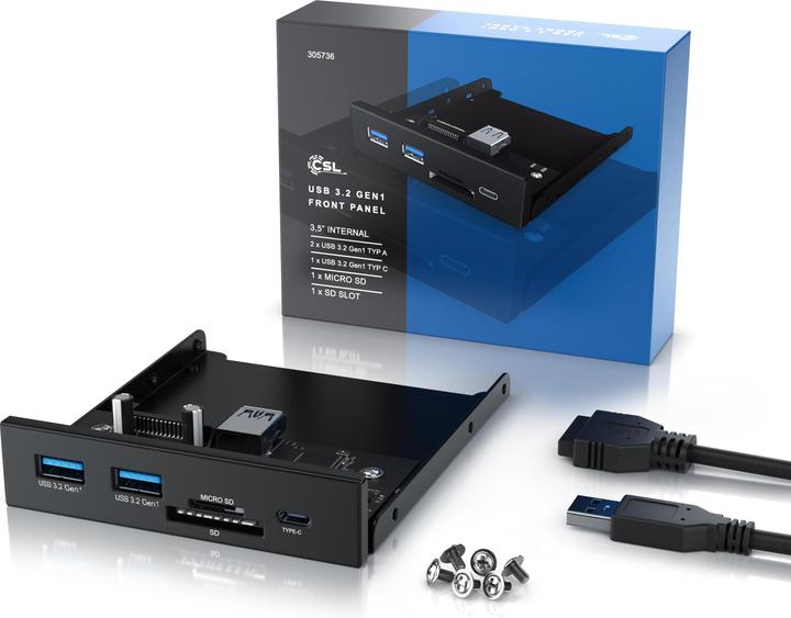 Produktbild CSL USB 3.2 Gen.1 Front Panel aus Metall, Cardreader, Speicherkartenleser, USB C, 2x Typ A, MicroSD, SD (USB 3.2)