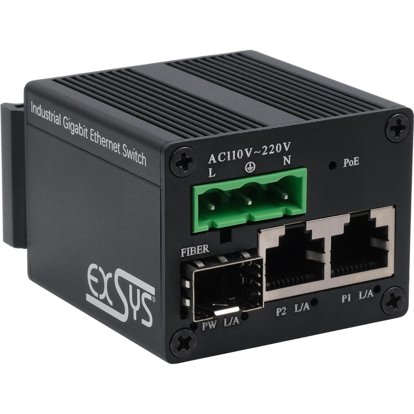Exsys Industrial PoE+ Switch 2x 1 Gbit/s + 1x SFP (3 porte), Switch di rete, Nero