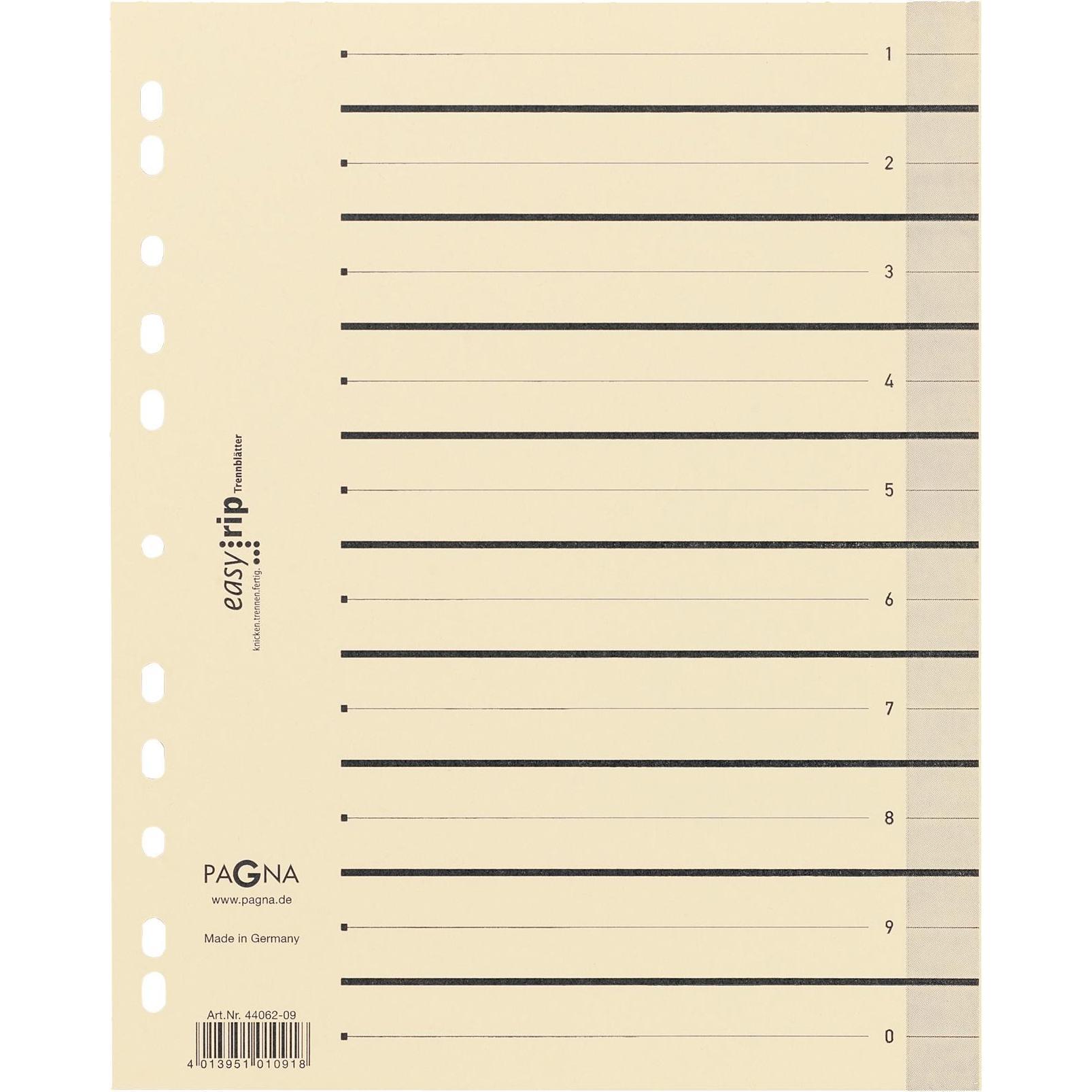 10x Pagna, Ordner Zubehör, Trennblatt Easy Rip DIN A4 Kraftkarton recycelt chamois schwarz 100 St./Pack.