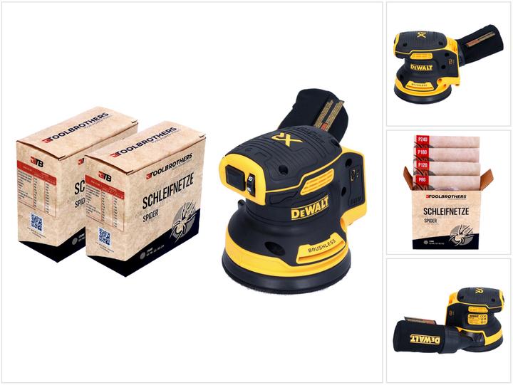 2x Set di abrasivi Toolbrothers SPIDER 125 mm - composto da un totale di: 20x Toolbrothers SPIDER 125mm P80, senza caricatore, 20x Toolbrothers SPIDER 125mm P120, 20x Toolbrothers SPIDER 125mm P240, senza batteria, 20x Toolbrothers SPIDER 125mm P180, 1x Levigatrice rotorbitale a batteria DeWalt DCW 210