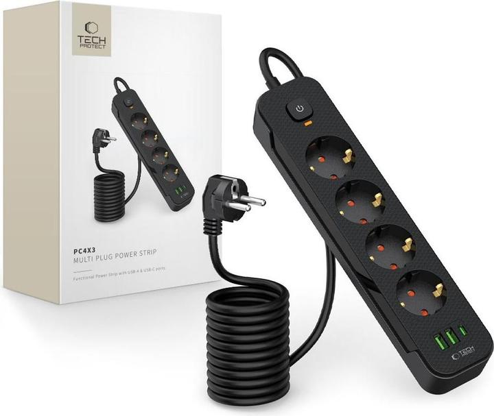 Actual product image Tech-Protect PCL4X3 Power Strip 4 Sockets 240V + 2xUSB-A + 1xUSB-C 200 cm - Black (4 x, USB-A, 2 m)
