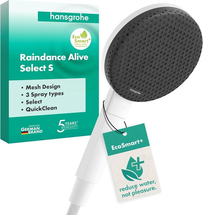 Actual product image hansgrohe Raindance Alive Select S Water-Saving Shower Head with Anti-Limescale and Three Jets (3 Beam types, 5.90 l/min)