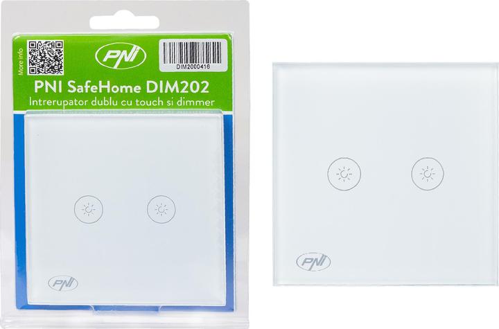 Productafbeelding PNI Dubbele schakelaar met touch en dimmer SafeHome DIM202, 2X700W, Live Wire, zonder nul, glas
