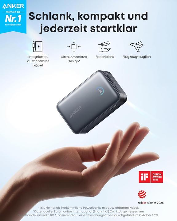 Produktbild Anker - Nano Powerbank mit integriertem Kabel, 45W, 10000mAh, USB-C, schwarz (10000 mAh, 45 W)