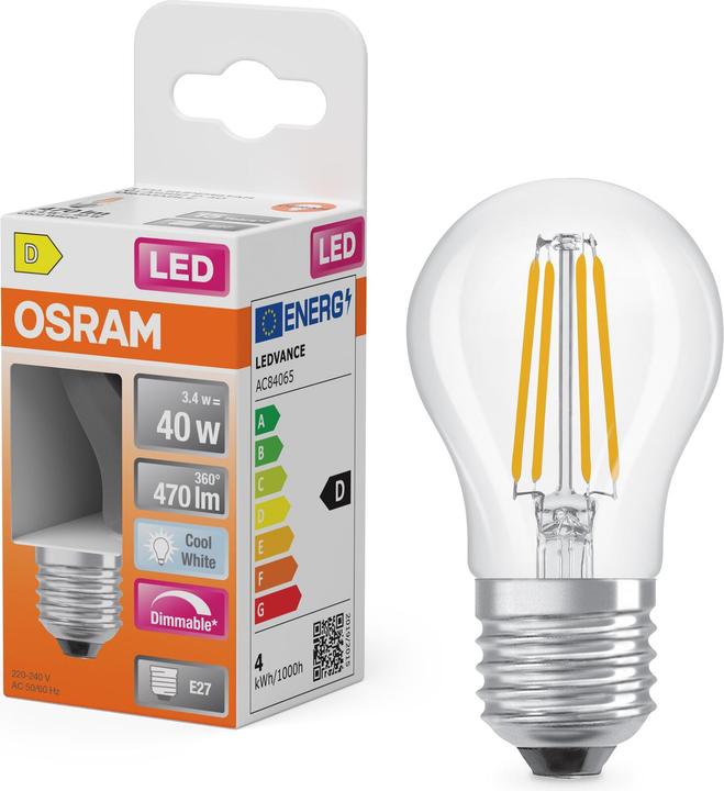 Actual product image Osram LED Superstar Classic P 40 Filament DIM 3.4W 840 Clear E27 (E27, 470 lm, 6 x)