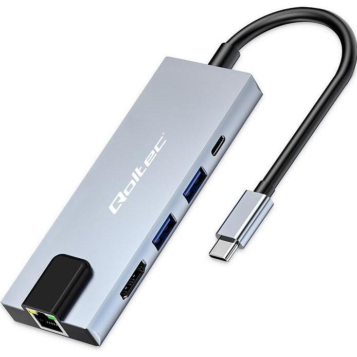 Qoltec USB-C Hub 5in1 mit USB-C PD 100W, 2xUSB, HDMI 4K, RJ45 (USB-C, 5 porte), Docking station + Hub USB, Argento