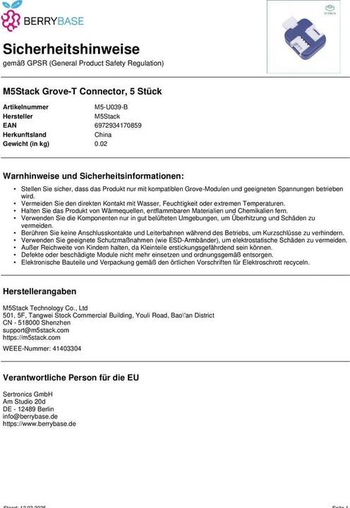 Actual product image M5Stack Grove-T plug 5 pieces