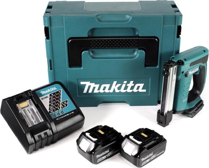 6.0 Ah 18 V Li-Ion battery, 1x Makita Makpac 2 transport case, 1x Makita DC 18 RC quick charger, dimpled foam inlay, Makita DST 221 18V Li-Ion battery pin tacker solo, 2x Makita BL 1860 B 6000 mAh
