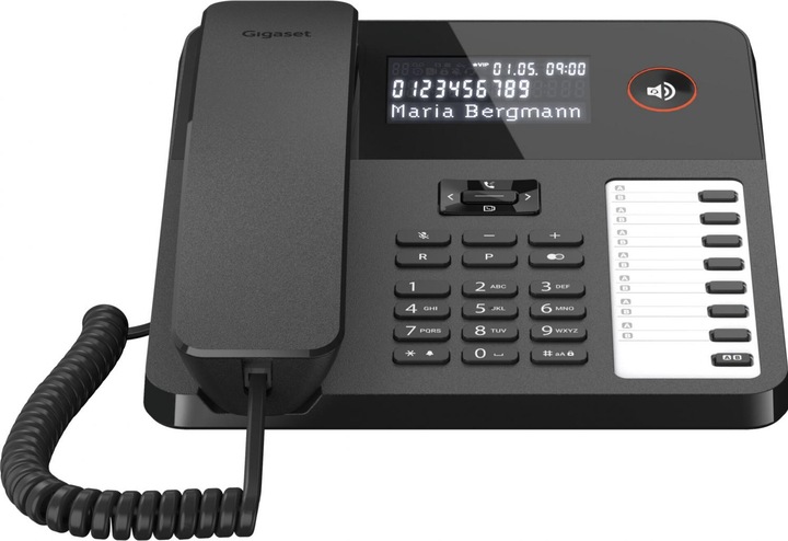 Actual product image Gigaset DESK 600 black corded desk and wall phone 7 direct dial keys phone book Hearing aid compatib