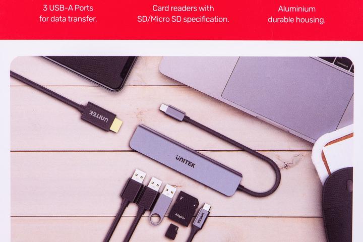 Actual product image Unitek HUB USB-C 7IN1, HDMI 4K, PD,,ALU (USB-C, 7 Ports)