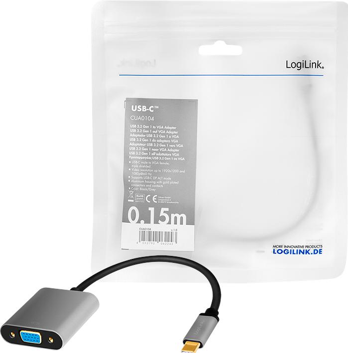Immagine prodotto LogiLink LinkLink CUA0104 Adattatore USB 3.2 Gen 1 C/M a VGA, 1080p/60Hz, alluminio, nero/grigio, 0,15 m (15 cm)