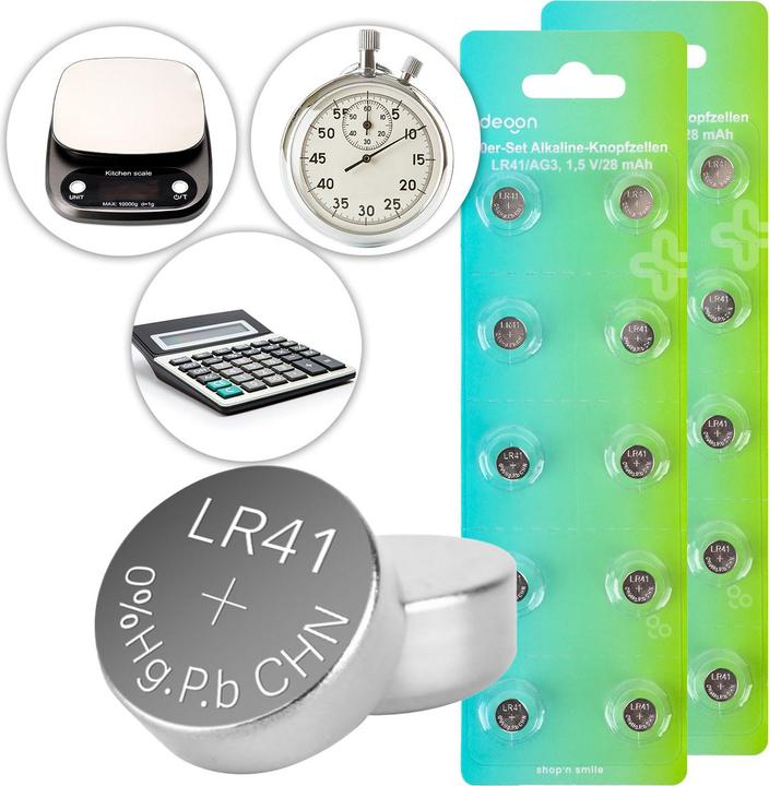 Ideoon 20er-Set Alkaline Knopfzellen LR41 AG3 1,5V 28mAh hochwertige Batterien quecksilberfrei (20 pcs, LR41, 28 mAh)