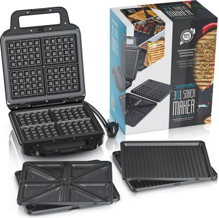 Image du produit Arendo 3-in-1-Sandwichmaker Waffeleisen & Kontaktgrill, abnehmbare Platten, 1400 W, Waffel & Grill, Panini
