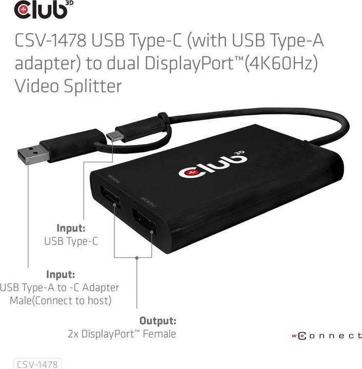 Produktbild Club 3D Club3D Adapter USB-C > 2x DP 4K@60Hz mit USB-A Adapter St/Bu retail