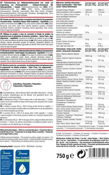Valori nutrizionali e ingredienti Foodspring Proteine del siero di latte (Fragola, 1 pz., 750 g)