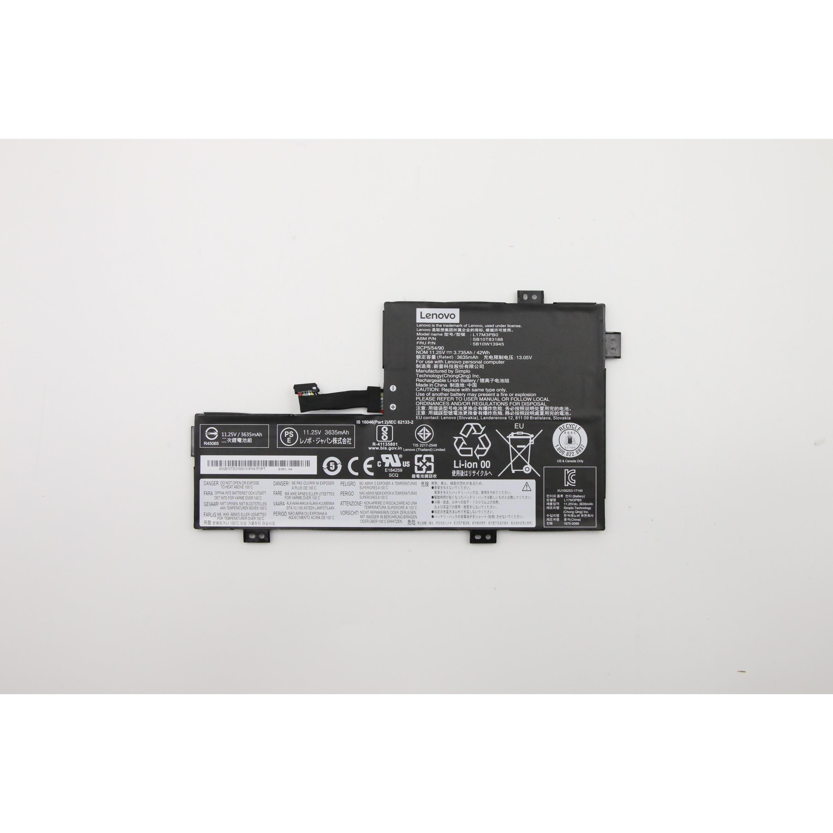 Lenovo Internal, 3c, 42Wh, LiIon, SMP (3 Zellen, 3635 mAh), Notebook Akku, Schwarz