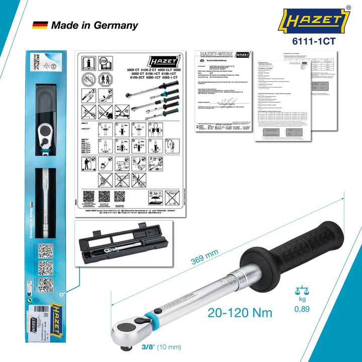 Actual product image HAZET Torque wrench 6111-1CT ∙ Nm min-max: 20 - 120 Nm ∙ Tolerance: 2% ∙ Square, solid 10 mm (3/8 i… (3/8", 20 Nm, 120 Nm)