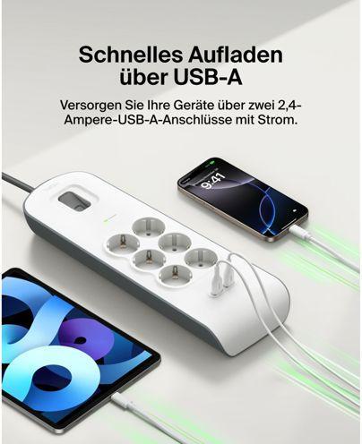 Produktbild Belkin Steckdosenleiste 6-fach + 2xUSB-A, 2m Kabel BSV604vf2M-V2 (6x, Typ 13, USB-A, 2 m)