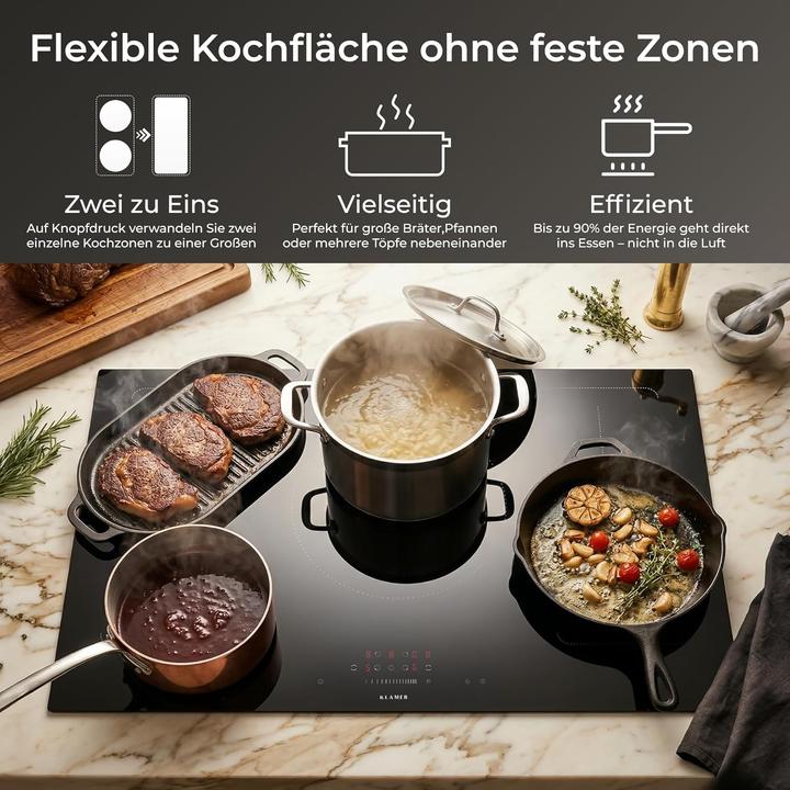 Produktbild KLAMER Induktionskochfeld 90 cm, 4 Zonen mit 2 Flexzonen & Rundzone, 9400 Watt, Boost Funktion,… (9.89 cm, Induktionskochfeld)