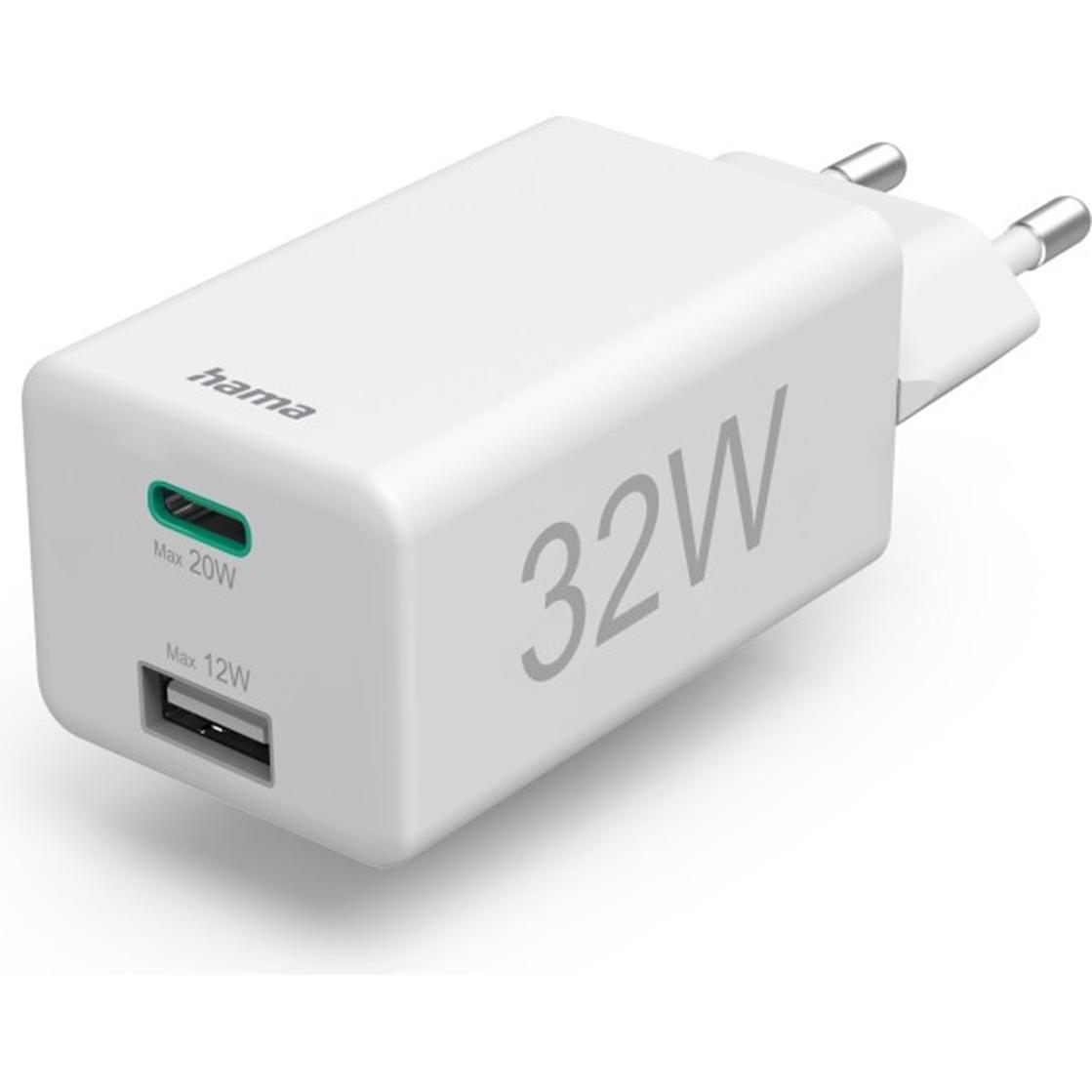 Hama Schnellladegerät, 1x USB-C, 1x USB-A, PD/Qualcomm, Mini-Ladegerät, 32W, WS (32 W), USB Ladegerät, Weiss