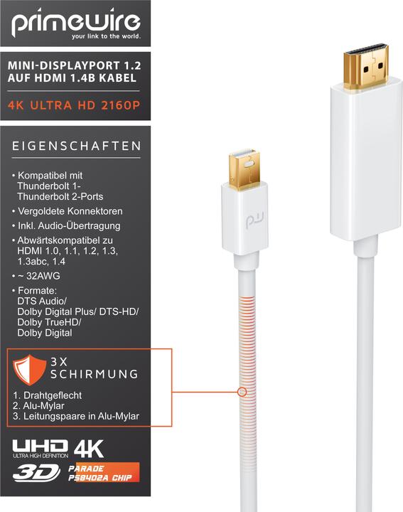 Produktbild Primewire 4k Mini Displayport 1.2 auf HDMI Kabel | Thunderbolt 1- und Thunderbolt 2 Ports | 4K Ultra HD 2160p (2 m, DisplayPort, HDMI, 2.0)