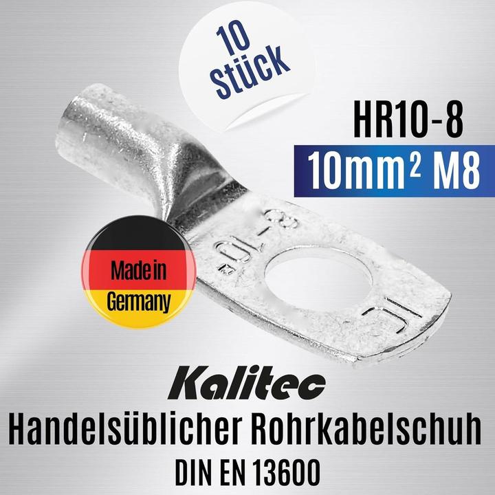 Produktbild Kalitec 10 Stück HR10-8 Handelsübliche Rohrkabelschuhe 10mm² M8 I ohne Sichtloch I Made in Germany