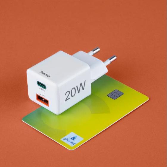 Produktbild Hama Schnellladegerät, 1*USB-C PD, 1*USB-A QC, Mini-Ladegerät, 20W, Weiss (20 W)