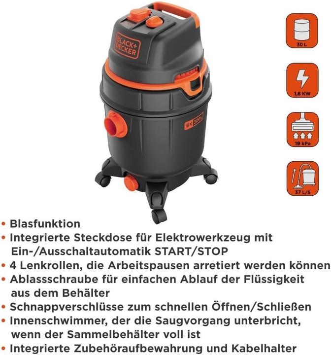 Immagine prodotto Black & Decker BlackDecker BXVC30PTDE Wet and Liquid Vacuum Cleaner with Power Tool Socket 1600 W 30L (Aspirapolvere a umido e a secco)