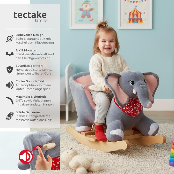 Image du produit tectake Éléphant à bascule, avec housse en peluche, à partir de 12 mois