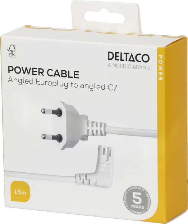 Produktbild Deltaco Power cable CEE 7/16 - C7, angled, 1.5m - White (1.50 m)