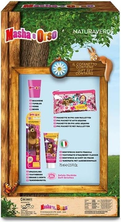 Immagine prodotto Naturaverde Set per l'igiene orale dei bambini Masha e Orso con spazzolino manuale a setole morbide e fragola (Morbido)