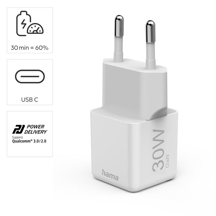 Image du produit Hama Chargeur rapide, USB-C, PD/QC/GaN, super-mini-chargeur, 30 W, blanc (30 W, 1 portion)