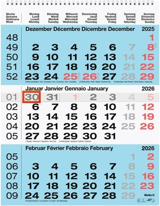 Biella Monatskalender (31 x 40 cm, Hardcover, German, French, Italian, English)