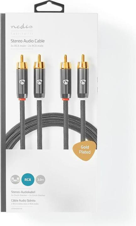 Actual product image Nedis Stereo audio cable | 2x RCA plug | 2x RCA plug | Gold-plated | 2.00 m | round | Grey / Gun M (2 m, Cinch)