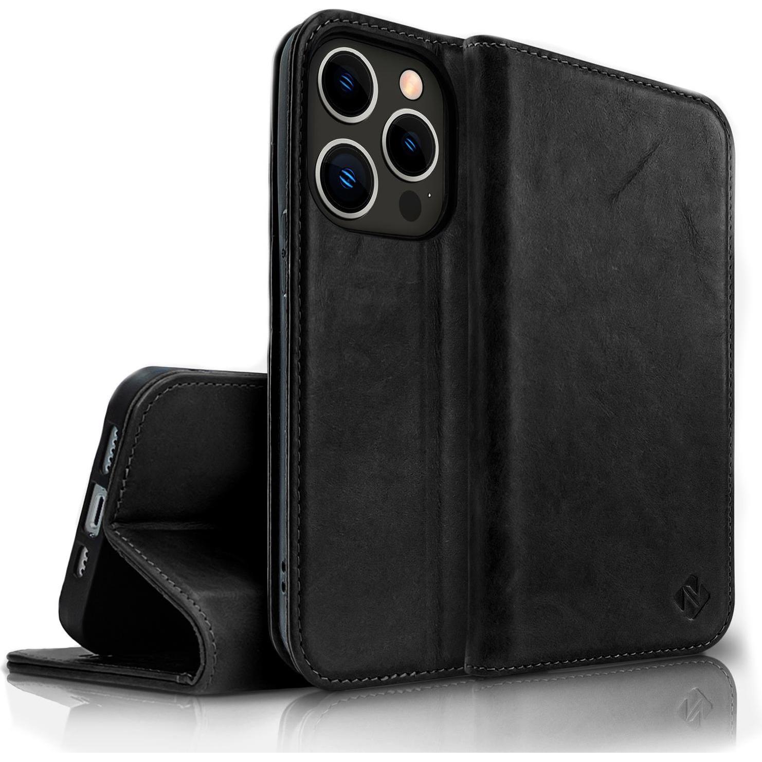 Nalia Echt-Leder Flipcase (Apple iPhone 14 Pro Max), Smartphone Hülle, Schwarz
