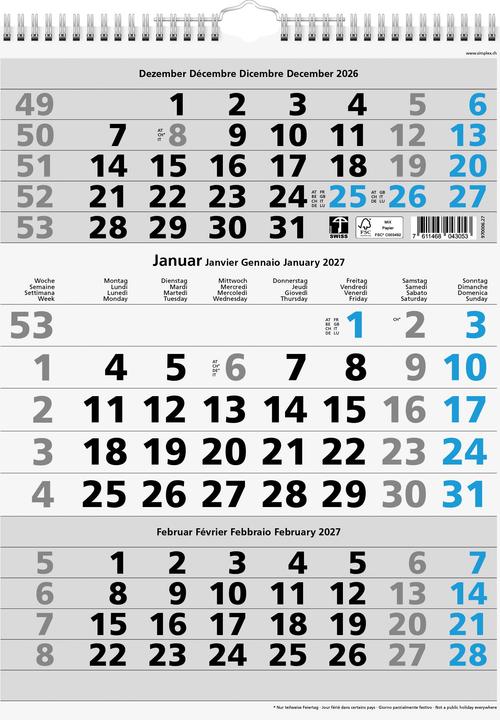 Simplex 3-Monatskalender 2027 (31 x 40 cm)
