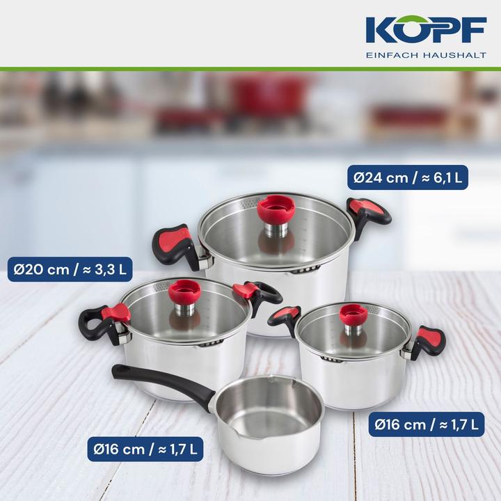 Produktbild Kopf Nelo Topfset (7-teilig, Edelstahl, Induktion, mit intelligenter Abgiesshilfe) (Edelstahl, 16 x 8.50 cm)
