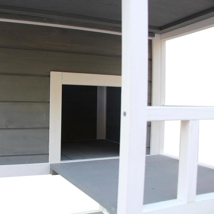 Produktbild PawHut Katzenhütte für draussen mit Terrasse, 4 Etagen, Winterfest, Grau, 75,5x75x137cm (137 cm, Dunkelgrau  Weiss)