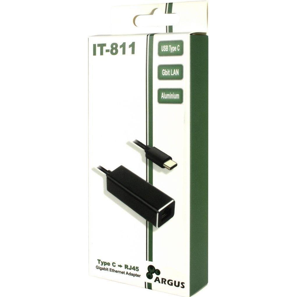 Thumbnail - Intertech Argus IT-811 Adapter USB Typ C - GbitLAN (USB-C, RJ45 Gigabit Ethernet (1x)), Netzwerkadapter, Schwarz
