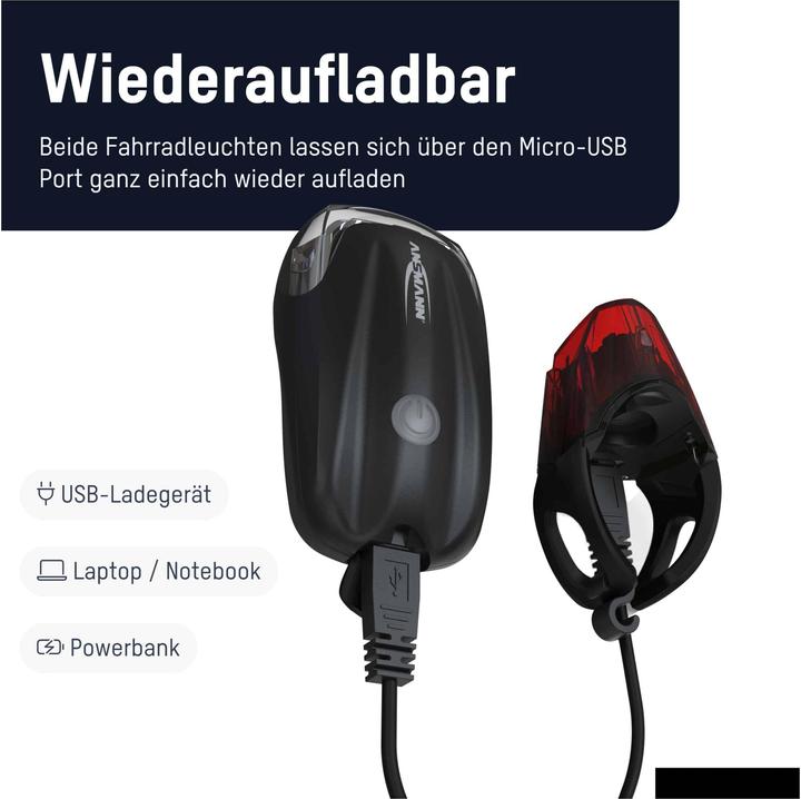 Produktbild Ansmann Fahrradbeleuchtung Fahrradlicht Set Akku Front und Rücklicht (170 lm, 170 lm)