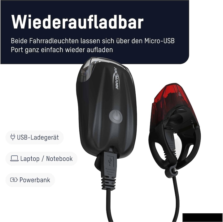 Immagine prodotto Ansmann Illuminazione per biciclette Set di luci per biciclette Batteria anteriore e posteriore (170 lm, 170 lm)