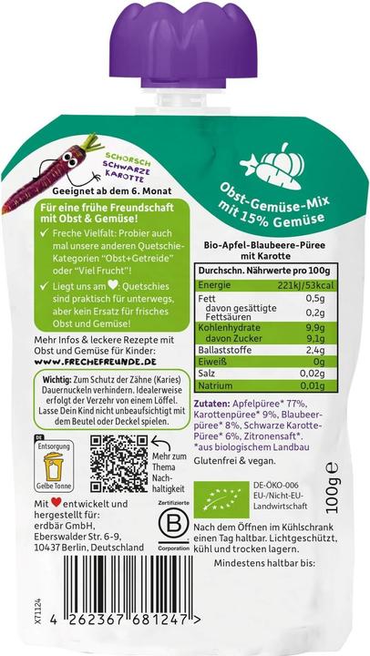 Valori nutrizionali e ingredienti Freche Freunde Sacchetto di mele, mirtilli e carote 100 g (107 g)