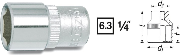 Productafbeelding HAZET Dop ∙ zeskant 850-8 ∙ Vierkant, hol 6,3 mm (1/4 inch) ∙ Buitenzeskant trekprofiel... (8 mm)